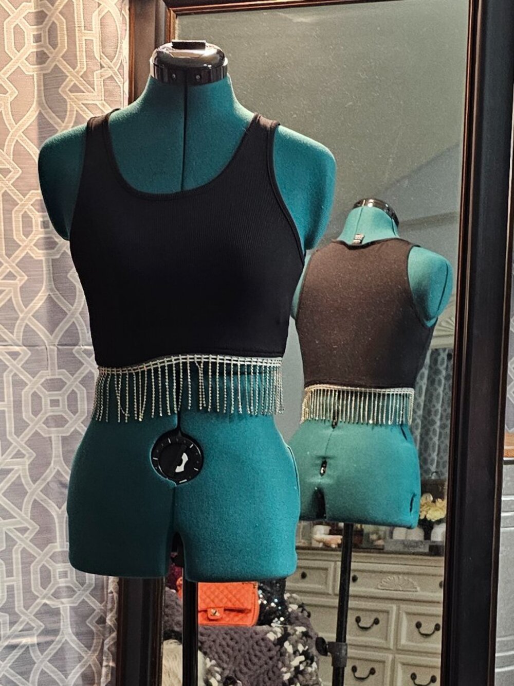 SHEIN Black Ribbed Crop Top with Rhinestone Fringe Hem - Size XS